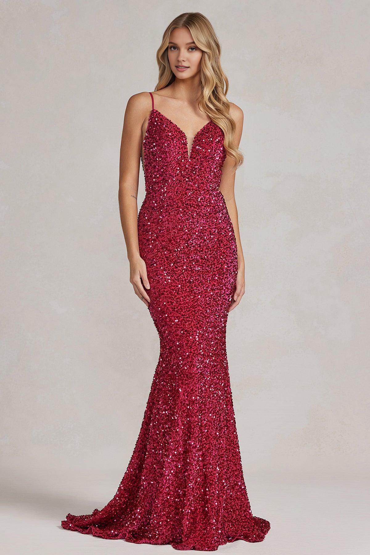 Weitese Dress Fuchsia Spaghetti Straps Sleeveless V Back V Neck Evening Dress Luxury Sequins Sweep/Brush Train Prom Dress